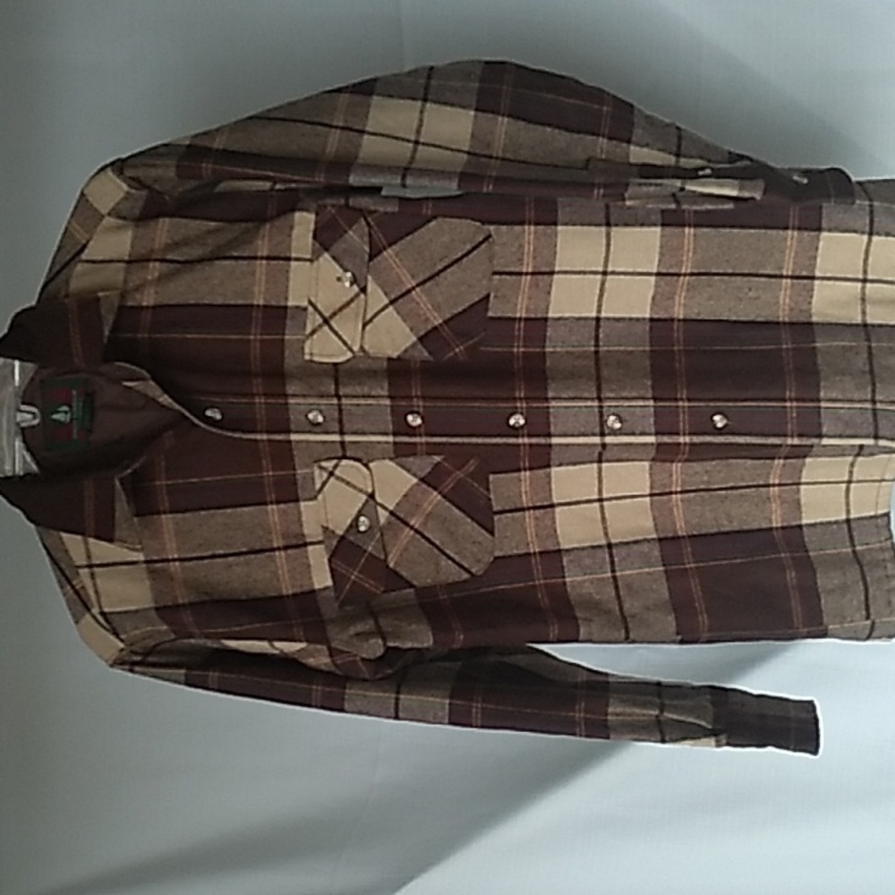 High Sierra Wool Blend Brown Plaid Button Up Quilted Lining Jacket Shirt Size S